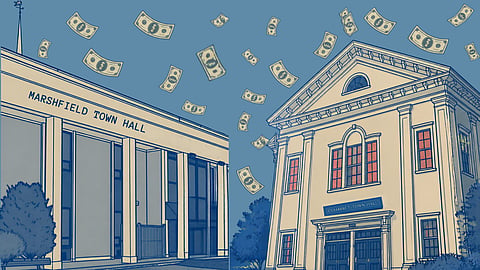 stylized drawing of cohasset town hall and marshfield town hall