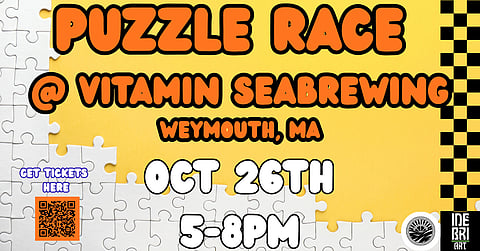 promo poster for puzzle race with puzzle pieces and a race border