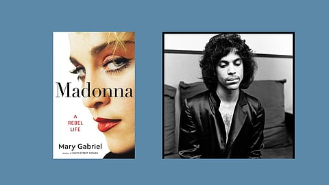 Photos taken by Deborah Feingold, including Prince backstage before a show and the cover photo of Madonna on Mary Gabriel's book A Rebel Life