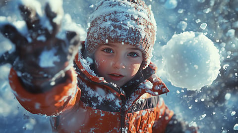a child wearing a winter hat and jacket and gloves reaches through the snow with a snowball in the air 