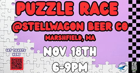 promo poster for puzzle race with puzzle pieces and a checker finish line 
