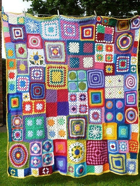Image of a colorful bright crocheted blanket 