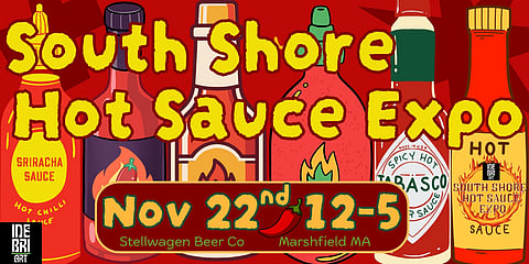 promo poster for hot sauce expo with cartoon drawings of hot sauce in bottles