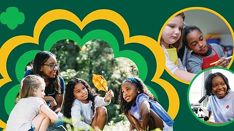 Photos of girl scouts exploring the outdoors and working in a science lab and art room