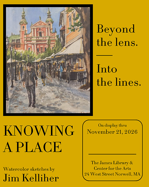 Flyer featuring a watercolor sketch of a European street scene