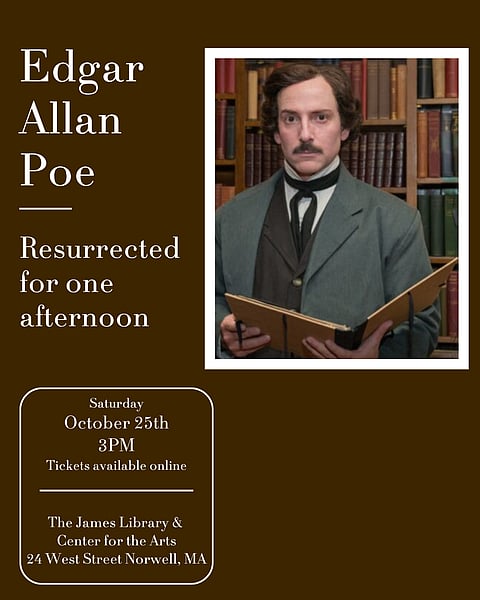 Photo of a man in a library dressed up as poet Edgar Allen Poe