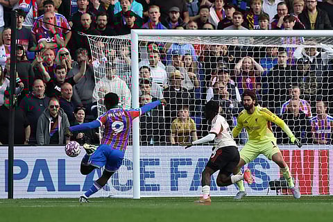Eddie Nketiah scores the winning goal for Crystal Palace against Liverpool