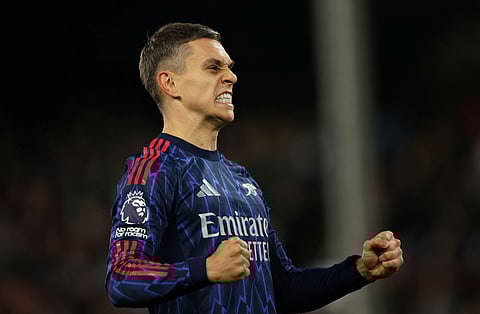 Leandro Trossard celebrates after scoring for Arsenal in the Premier League