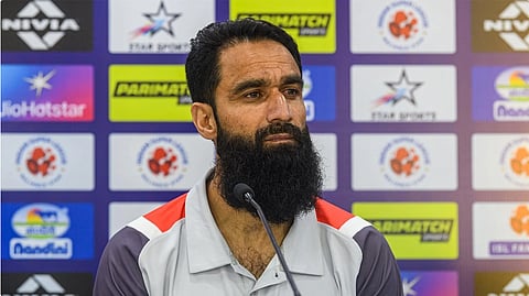 Mehrajuddin Wadoo addressing a press conference from when he was the interim head coach of Hyderabad FC