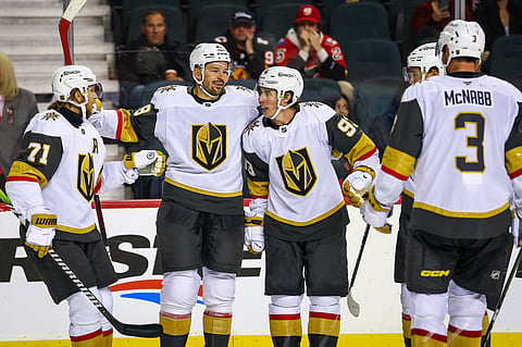Vegas Golden Knights center Tomas Hertl  celebrates his goal with teammates against the Calgary Flames 