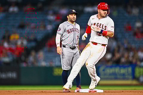 Los Angeles Angels designated hitter Mike Trout in action