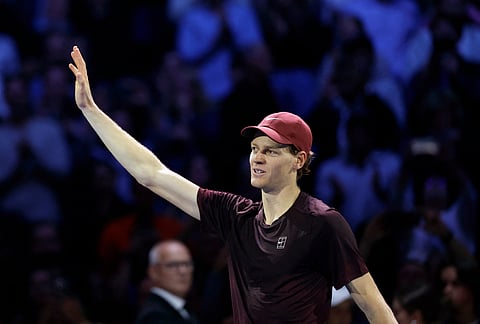 Jannik Sinner celebrates after beating Alexander Zverev in the 2025 Vienna Open semi-finals