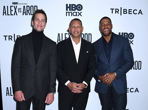 Alex Rodriguez attends the premier screening of Alex vs A-Rod with Tom Brady and Michael Strahan