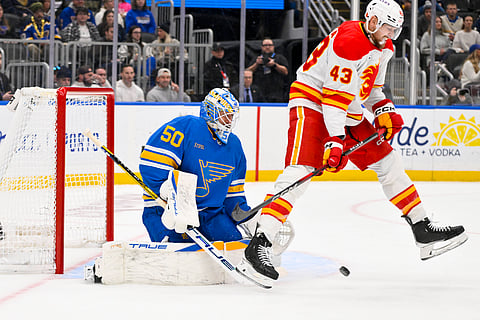 Jordan Binnington defends his goal against Calgary Flames