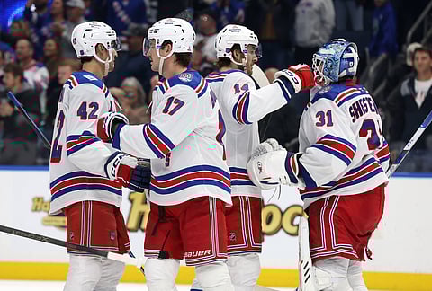 New York Rangers celebrate against Tampa Bay Lightning
