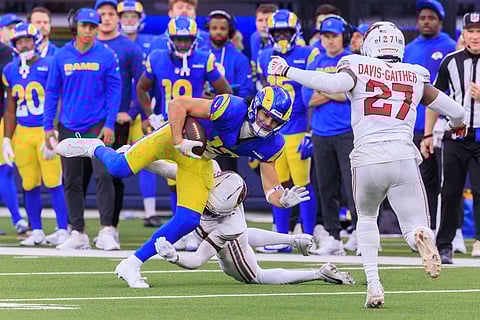 CB of the Arizona Cardinals tackles 12 Puka Nacua, WR of the Los Angeles Rams 