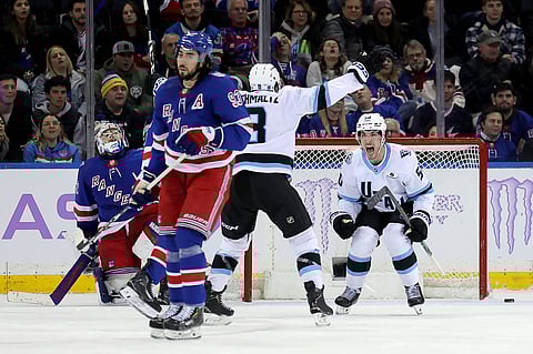 Utah Mammoth celebrates winning goal vs New York Rangers