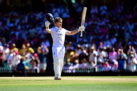 Jacob Bethell celebrates his first test century against Australia