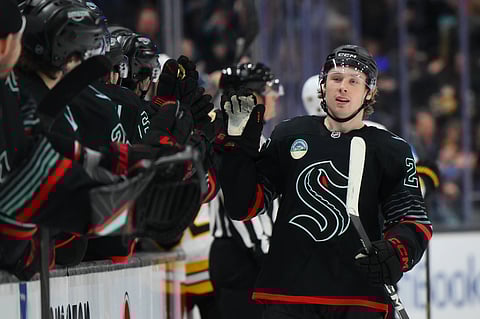 Berkly Catton celebrates his goal against Boston Bruins