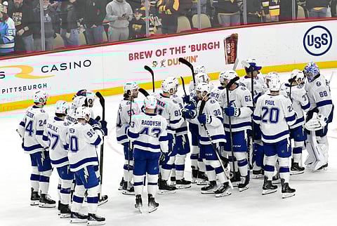 Tampa Bay Lightning players celebrate win over Pittsburgh Penguins