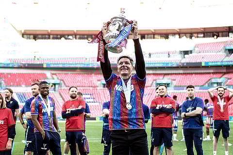 Oliver Glasner with the 2025 FA Cup trophy