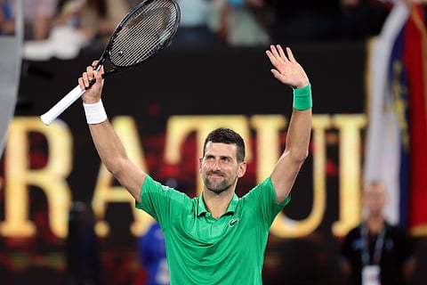 Novak Djokovic celebrates his first round win at Australian Open