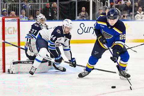 St. Louis Blues and Winnipeg Jets players in action
