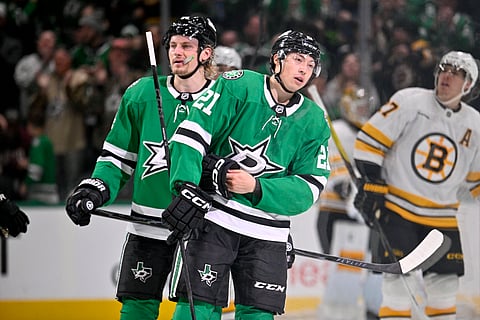 Dallas Stars' players celebrate their goal against Boston Bruins
