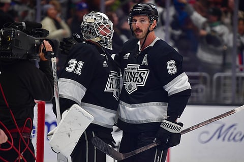 Los Angeles Kings players celebrate their win against New York Rangers
