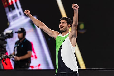 Carlos Alcaraz celebrates after reaching the Australian Open semi-final