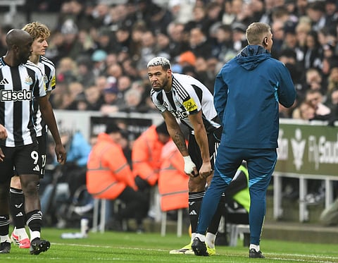 Joelinton goes off with an injury against Aston Villa
