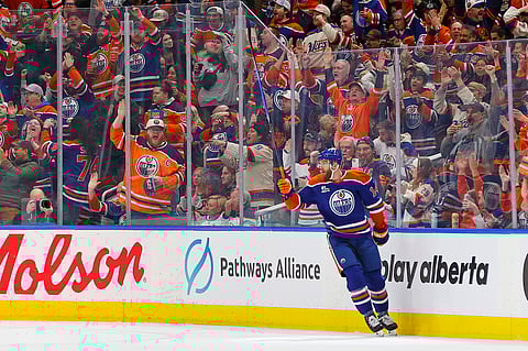 Mattias Ekholm celebrates after scoring against Anaheim Ducks