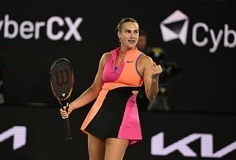 Aryna Sabalenka celebrates after reaching the Australian Open final