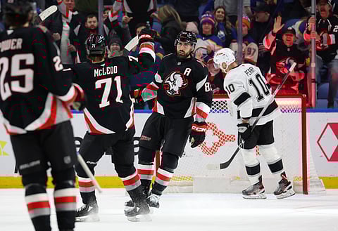 Alex Tuch celebrates his third goal for Buffalo Sabres