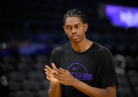 Cody Williams of Utah Jazz during warm-up