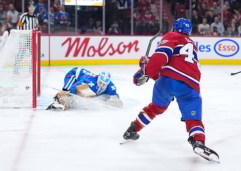 Montreal Canadiens' Alexandre Carrier scores a goal against Colorado Avalanche