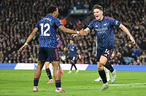 Viktor Gyokeres celebrates after scoring the third goal for Arsenal