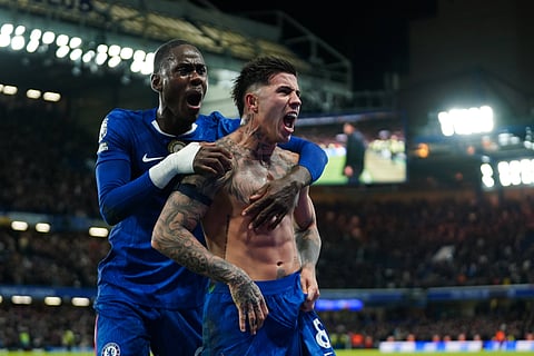 Enzo Fernandez celebrates after scoring the winner for Chelsea 