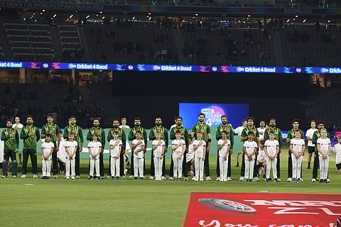 Pakistan cricket team lined up for national anthem during a T20 game