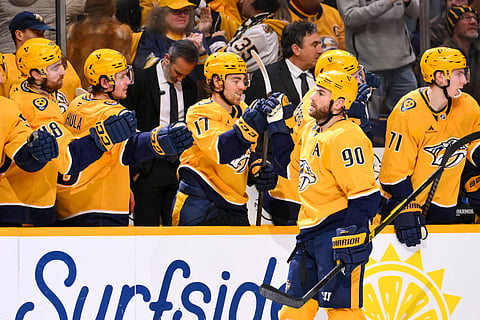 Nashville Predators players celebrate their goal against St. Louis Blues