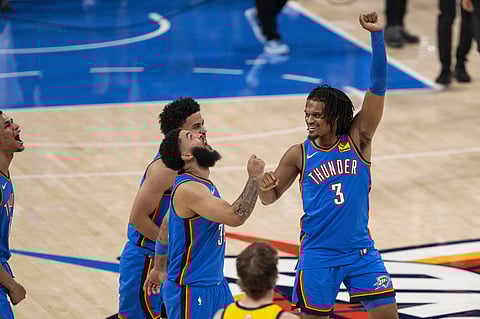 Oklahoma City Thunder celebrate a point during an NBA game