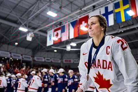 Marie Philip Poulin of Canada after losing World Championship final to USA