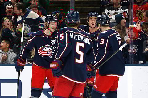 Columbus Blue Jackets defenseman Danton Heinen celebrates his goal