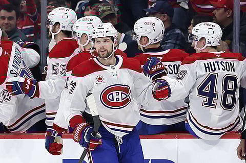 Montreal Canadiens players celebrate goal against Winnipeg Jets