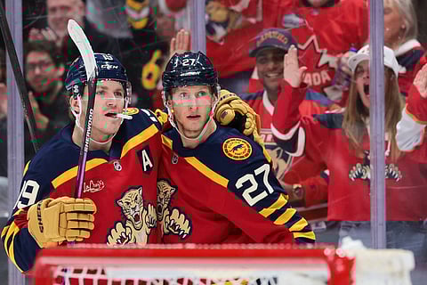 Florida Panthers players celebrate goal against Boston Bruins