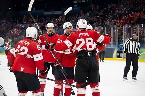 Timo Meier of Switzerland celebrates his goal against France 