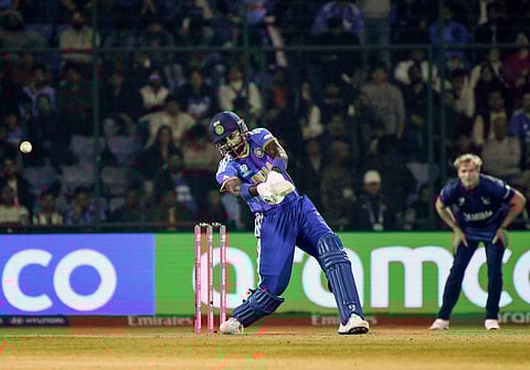 Hardik Pandya in action against Namibia