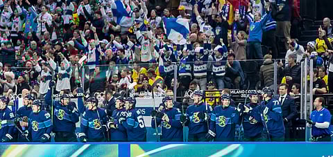 Team Finland celebrate a goal against Sweden