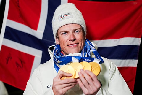 Johannes Klaebo celebrates winning goal at Winter Olympics