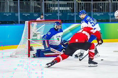 Damian Clara makes a save against Switzerland